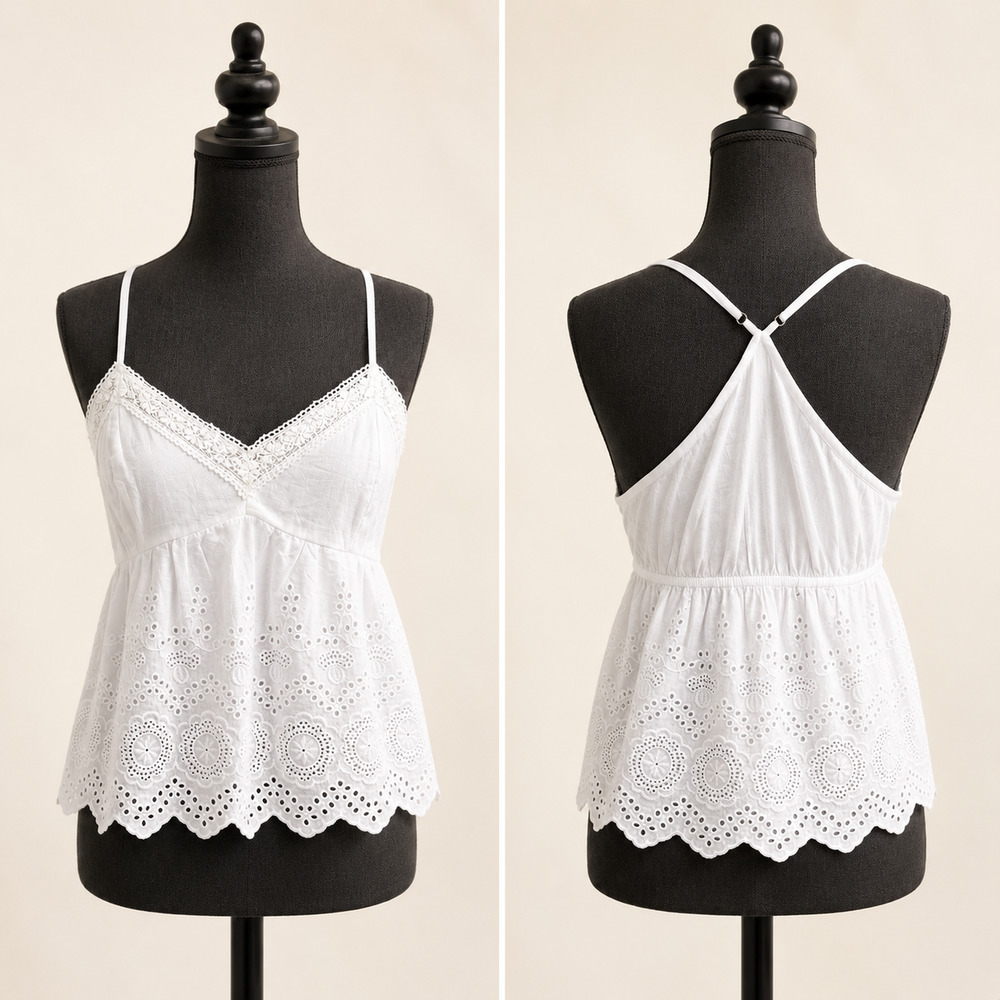 Kirious L White Eyelet Cami Boho Cottagecore Coquette Summer Peplum Tank Top